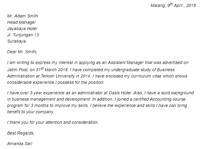 Surat Lamaran Kerja Bahasa Inggris